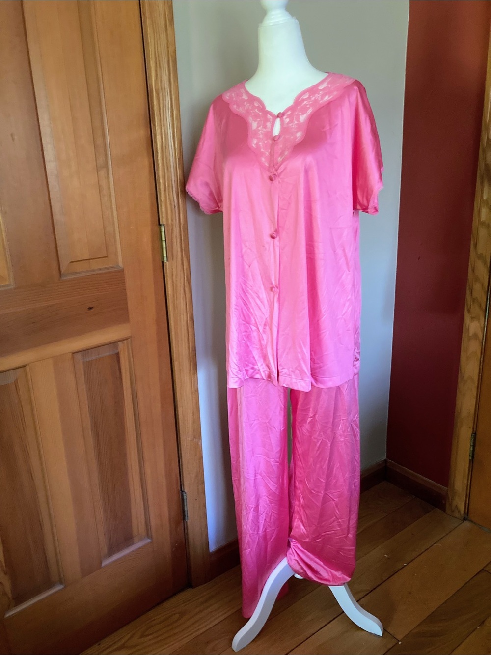 Vintage Vanity Fair Pink Nylon Lace-Trim Pajama Set Made in USA Medium